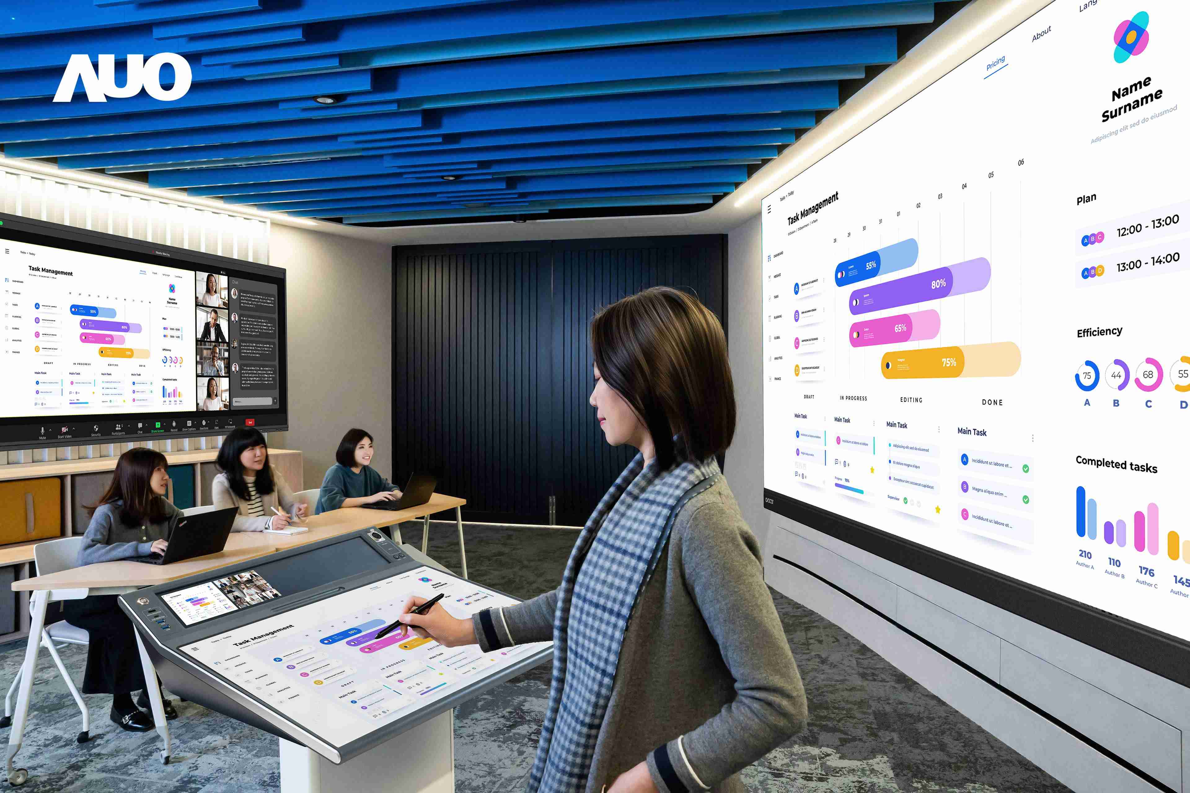 达擎携手Avocor与Rise Vision展示全方位商务领域应用，，包含采用模块化设计的138吋一体式All-in-One LED显示器及具21:9超宽比例的92吋交互式电子白板（IFPD），，，，讲者可轻松分享内容，，，，有效提升会议协作效率。。。。